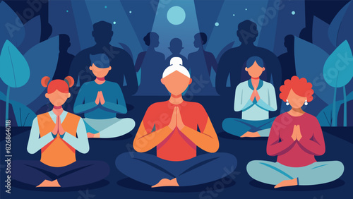 Attendees are deep in prayer during a reflective meditation session at the religious conference.. Vector illustration