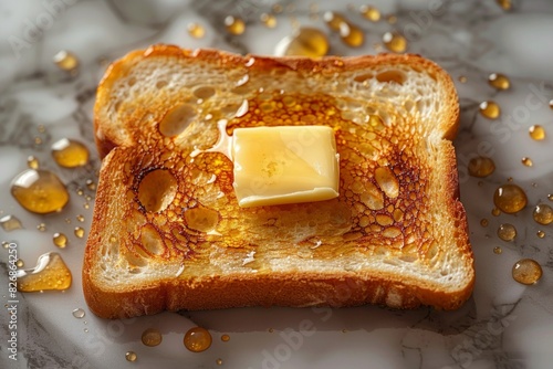 A closeup image of a slice of toast with butter and honey, placed on a marble countertop photo