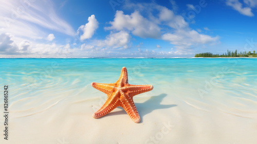 Starfish on a pristine sandy beach with crystal clear turquoise water and a bright blue sky  capturing the essence of a tropical paradise