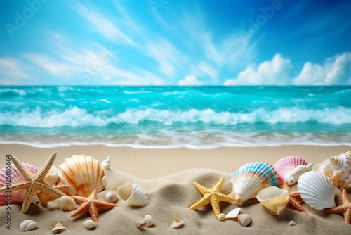 Colorful seashells and starfish scattered on a sandy beach with turquoise waves and a bright blue sky, evoking a sense of tropical beauty and relaxation summer background