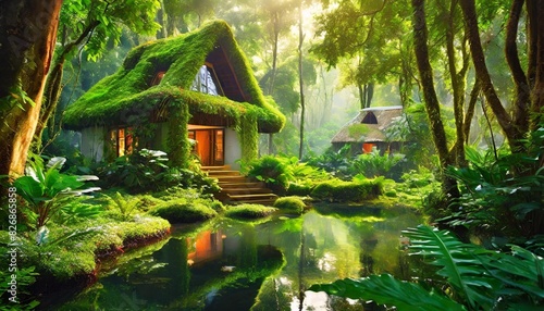 A lush forest backdrop embracing the eco-conscious design of Radiant Haven Homes.