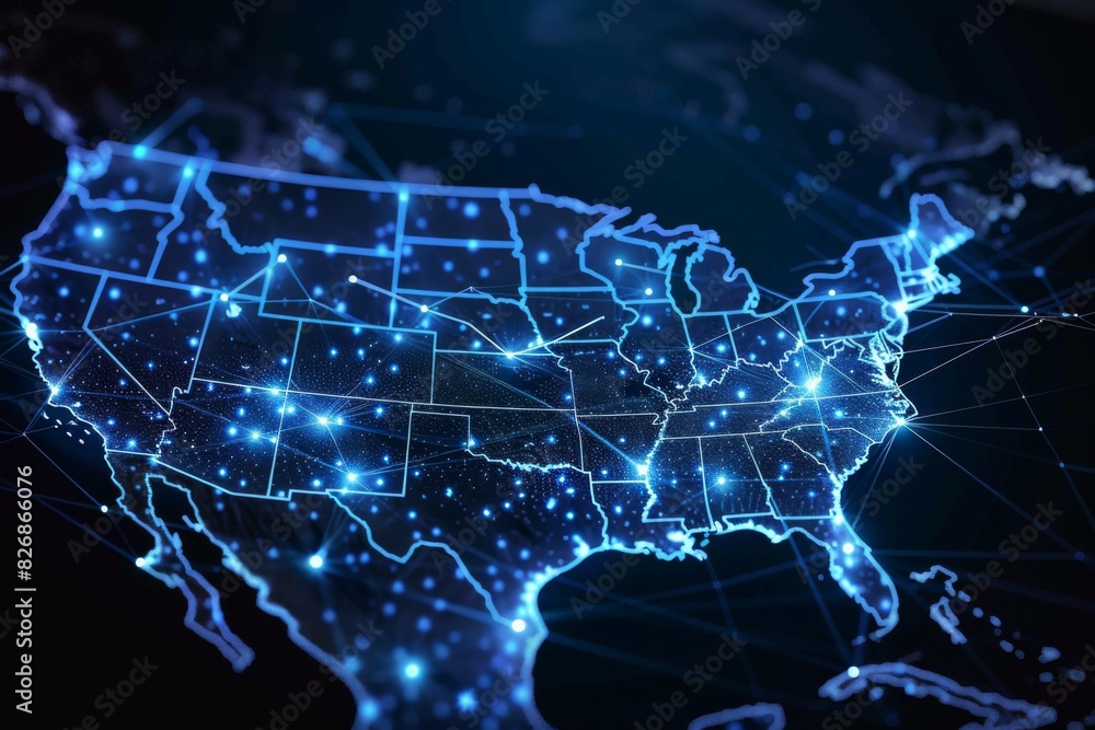 Digital map of america network connectivity created with generative ai Digital map of america network connectivity created with generative ai