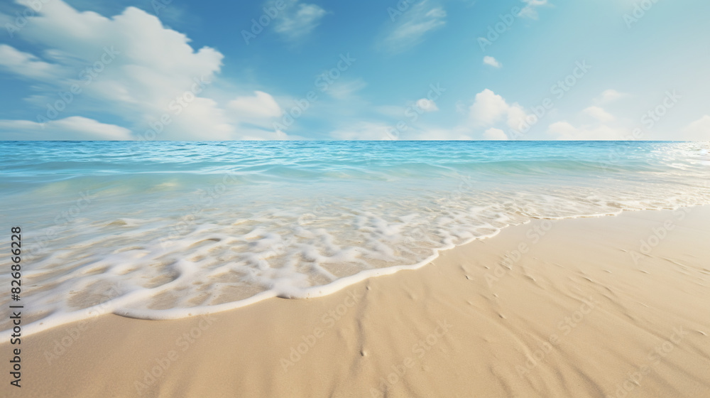 Pristine sandy beach with gentle turquoise waves and a bright blue sky, creating a tranquil and inviting coastal scene Pristine sandy beach with gentle turquoise waves and a bright blue sky, creating a tranquil and inviting coastal scene