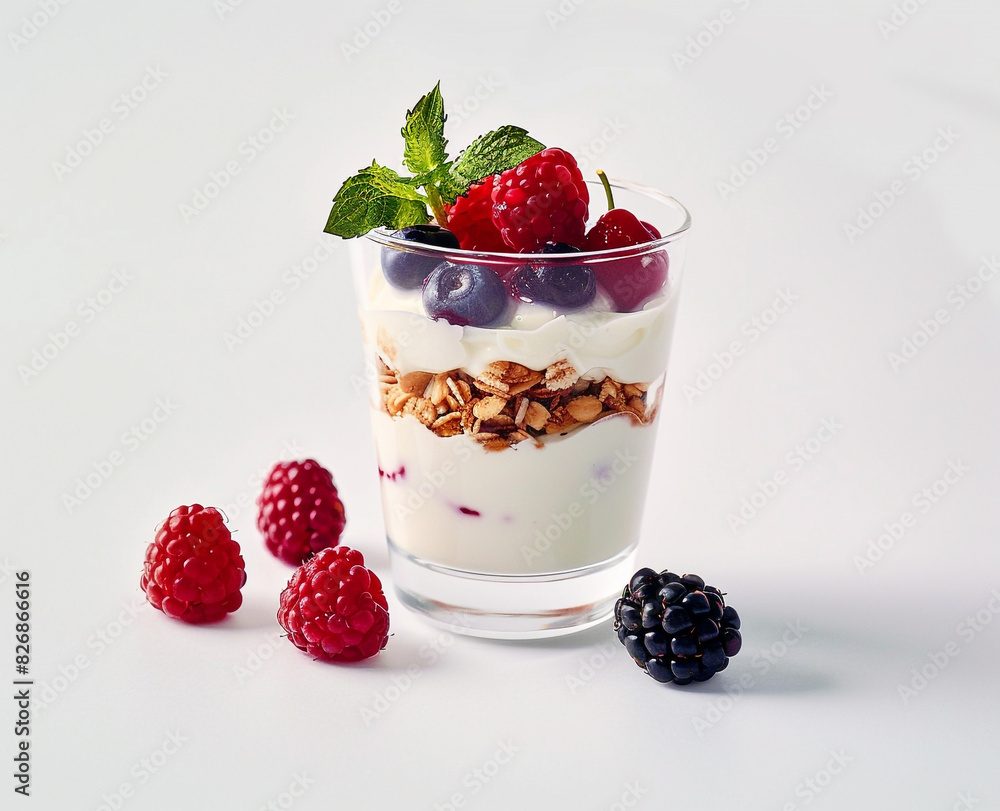 a glass of yogurt with berries, raspberries and mint in a white background a glass of yogurt with berries, raspberries and mint in a white background