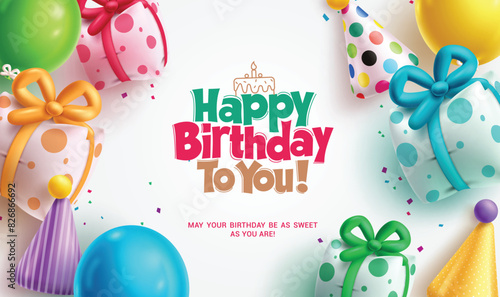 Happy birthday greeting vector template design. Birthday greeting text with gifts, cap, hat and balloons inflatable decoration elements for kids party invitation card design. Vector illustration 