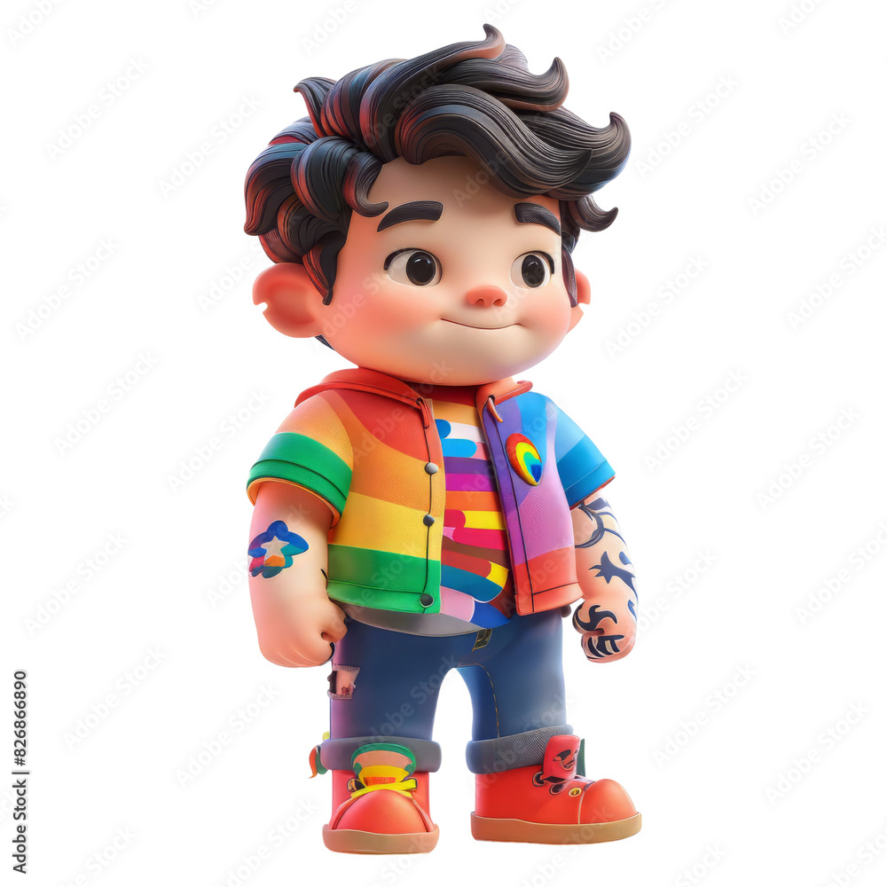 A 3D rendering of a young boy with dark hair and brown eyes. He is wearing a colorful shirt and has a rainbow tattoo on his arm. He is smiling and looking at the camera. A 3D rendering of a young boy with dark hair and brown eyes. He is wearing a colorful shirt and has a rainbow tattoo on his arm. He is smiling and looking at the camera.