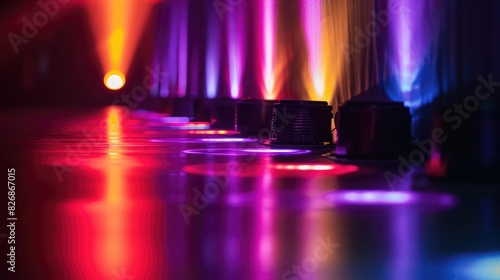 Colorful stage lights reflecting off shiny surfaces, adding vibrancy to a performance space