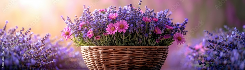 A beautiful wicker basket filled with fresh lavender and pink flowers, set against a soft, dreamy background. Perfect for spring and nature themes. A beautiful wicker basket filled with fresh lavender and pink flowers, set against a soft, dreamy background. Perfect for spring and nature themes.