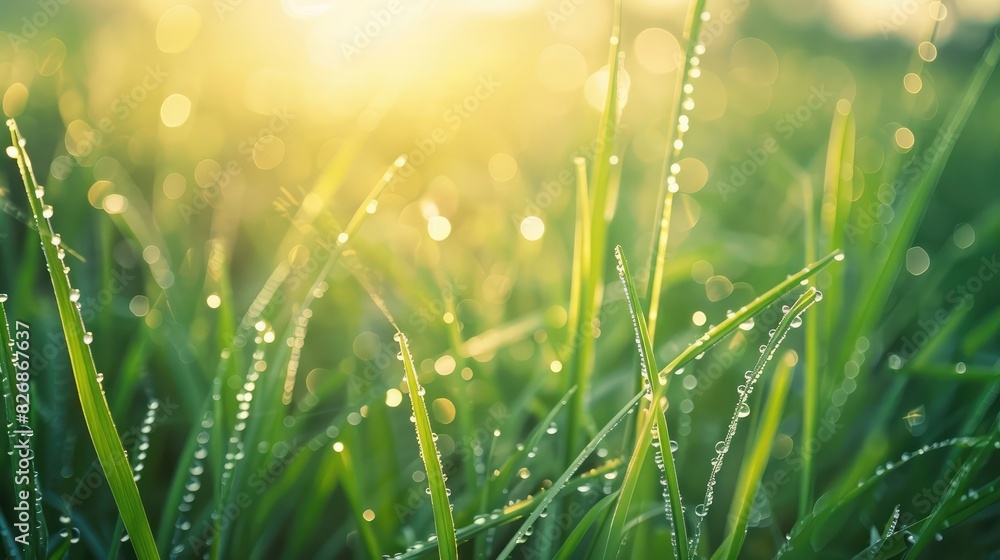 Dew-covered grass blades sparkling in the early morning light, creating a fresh and vibrant scene