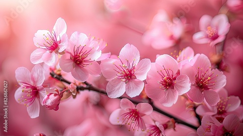 Beautiful close-up of pink cherry blossoms in full bloom against a soft  blurred background  capturing the essence of spring.