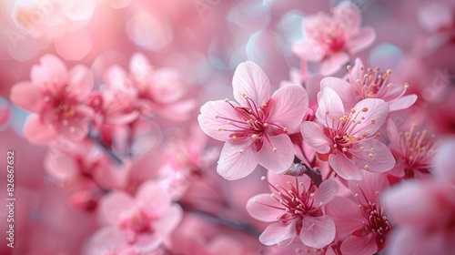 Beautiful close-up of pink cherry blossoms in full bloom with a soft blurred background, capturing the essence of springtime and natural beauty. © Autaporn