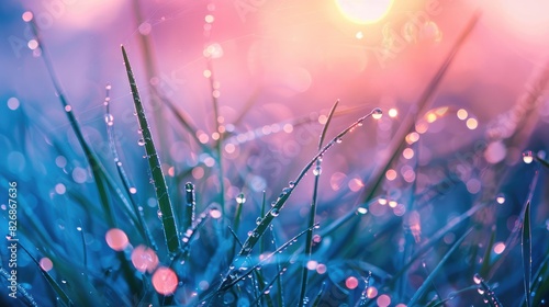 Dew-covered grass blades sparkling in the early morning light, creating a fresh and vibrant scene photo