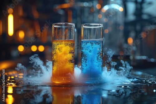 Chemistry experiment with vibrant colors and smoke. Two beakers containing blue and orange liquids react dynamically in a dimly lit laboratory.