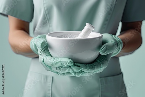 Close-up of healthcare professional wearing gloves and holding a mortar and pestle, symbolizing medical and pharmaceutical practices.