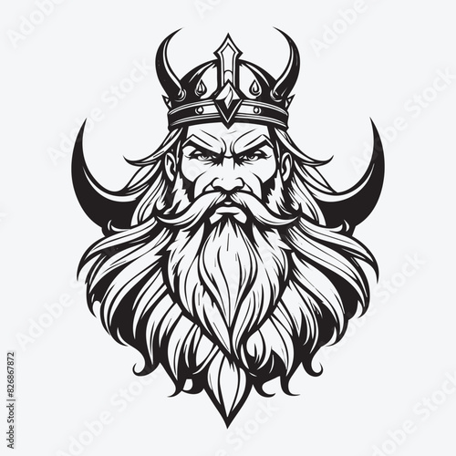 Mascot logo Majestic Bearded Viking King Vector Outline black color in white background