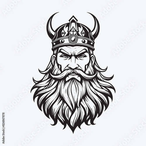 Mascot logo Majestic Bearded Viking King Vector Outline black color in white background
