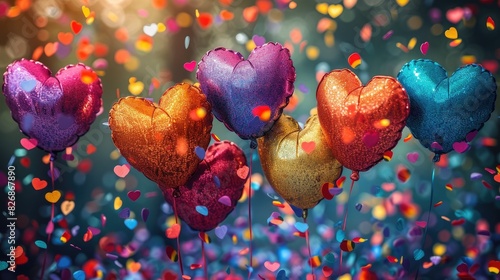 Colorful heart-shaped balloons surrounded by vibrant confetti, creating a festive atmosphere. Perfect for celebrations and joyful occasions.