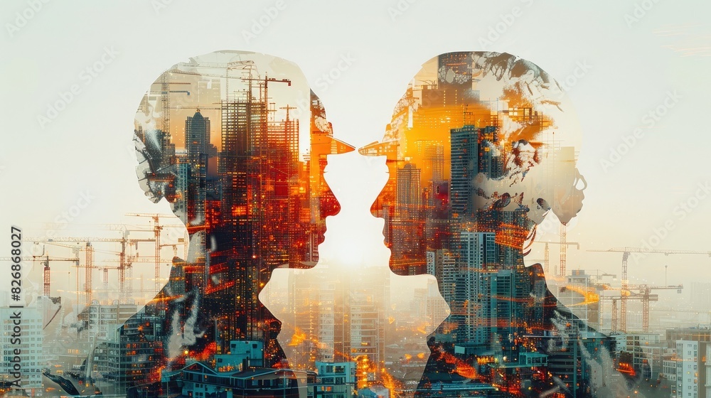 Double exposure image of two silhouetted profiles overlaid with urban cityscape at sunset, combining human and architectural elements. Double exposure image of two silhouetted profiles overlaid with urban cityscape at sunset, combining human and architectural elements.