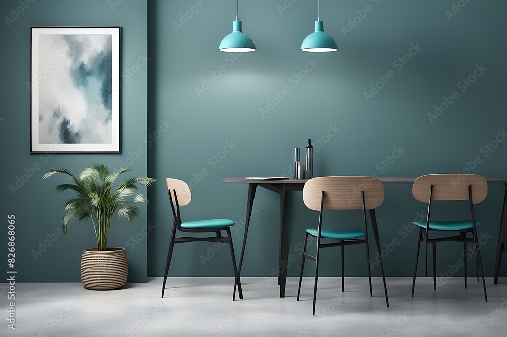 Meeting Area or Dining Room with Large Black Round Table and Teal Cyan Chairs. Empty Wall with Turquoise Azure Paint Color Accent. Modern Kitchen Interior for Home or Cafe. Art Mockup. 3D Render. Meeting Area or Dining Room with Large Black Round Table and Teal Cyan Chairs. Empty Wall with Turquoise Azure Paint Color Accent. Modern Kitchen Interior for Home or Cafe. Art Mockup. 3D Render.
