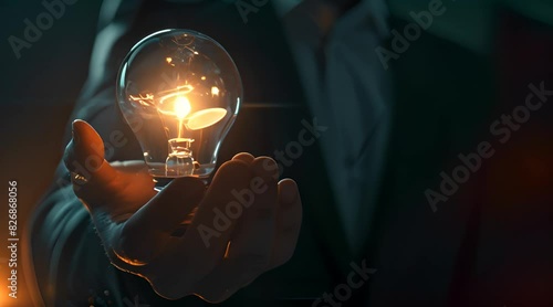 Businessman cradling a luminous light bulb containing a glowing brain. photo