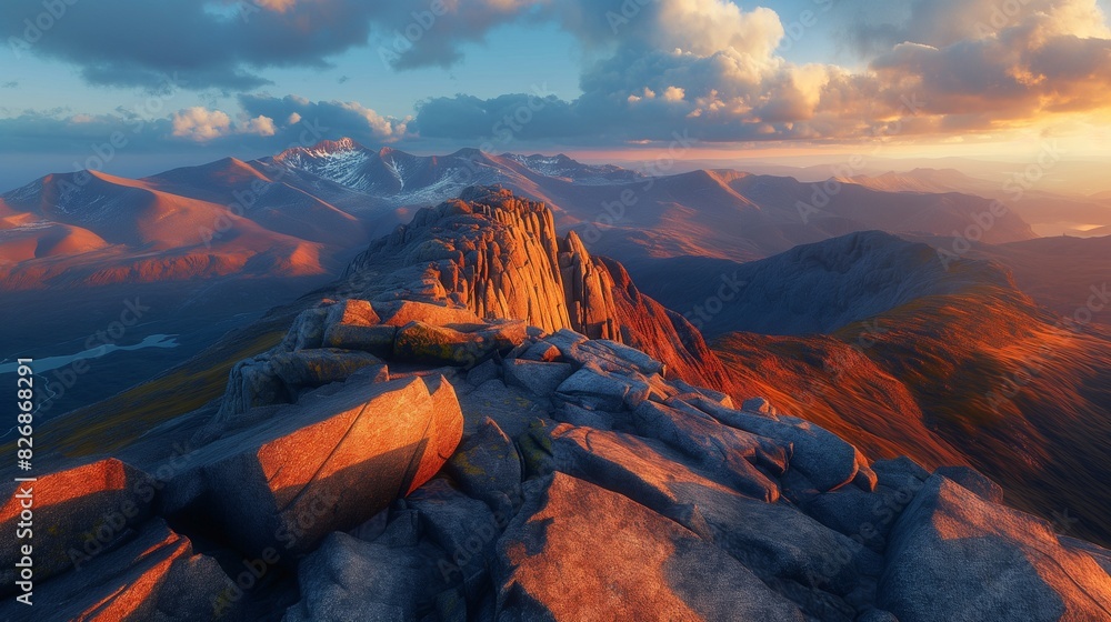 A dramatic mountain top at dawn, with the first rays of sunlight illuminating the rocky terrain and casting long shadows 32k, full ultra hd, high resolution