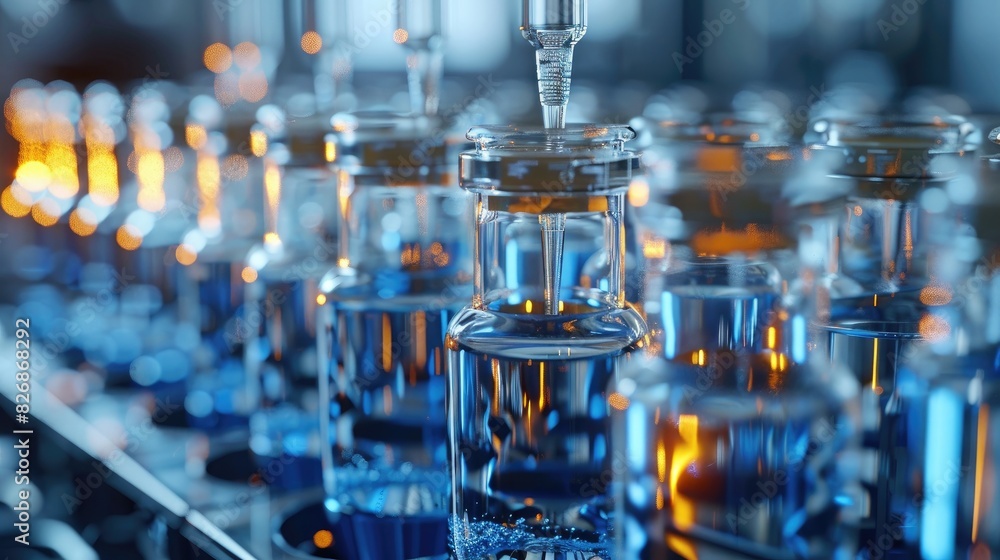 Laboratory glass bottles filled with blue liquid. Automated equipment dispensing liquid into the bottles in a precise and controlled environment. Laboratory glass bottles filled with blue liquid. Automated equipment dispensing liquid into the bottles in a precise and controlled environment.