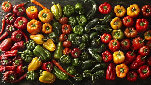 A vibrant display of various peppers - Jalapeno, Cayenne, Poblano, Anaheim, Serrano, Chili  photo