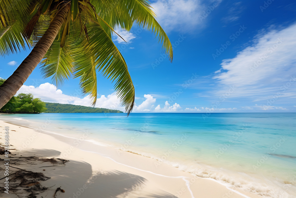 Idyllic tropical beach with white sand and clear turquoise water, shaded by a swaying palm tree under a bright blue sky, evoking a serene and picturesque paradise Idyllic tropical beach with white sand and clear turquoise water, shaded by a swaying palm tree under a bright blue sky, evoking a serene and picturesque paradise