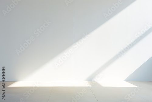 Minimalistic white wall with sunlight casting diagonal shadows  creating a serene and simple aesthetic