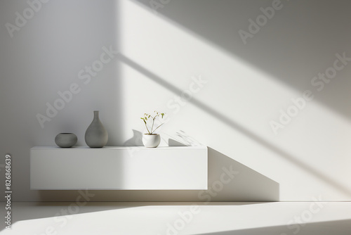 Minimalistic white wall with sunlight casting diagonal shadows  creating a serene and simple aesthetic