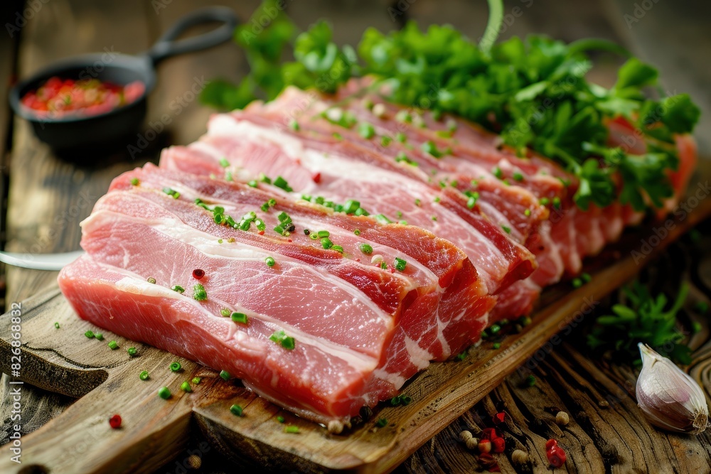 Fresh pork on the table with peper and source. Pork belly/Picnic/ Arm shoulder/ Arm picnic/Pork Loin - generative ai Fresh pork on the table with peper and source. Pork belly/Picnic/ Arm shoulder/ Arm picnic/Pork Loin - generative ai
