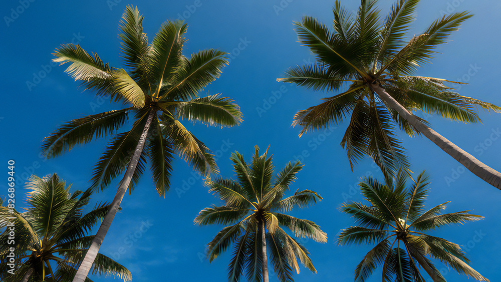 Vibrant Blue Sky with Tall Palm Trees: Lush Green Fronds Reaching Upwards