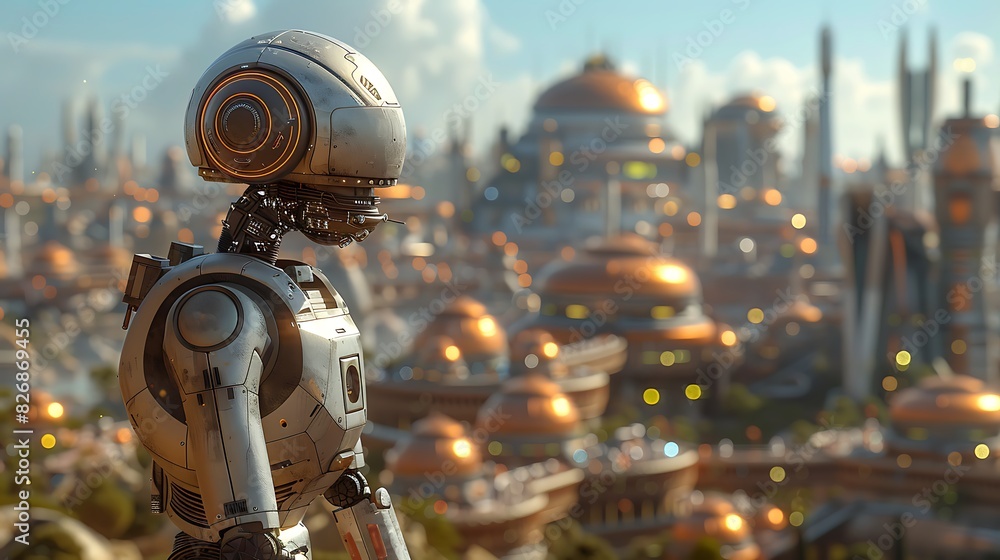 robotic alien with magnetic levitation technology on a metallic planet with sprawling cities and advanced machinery robotic alien with magnetic levitation technology on a metallic planet with sprawling cities and advanced machinery