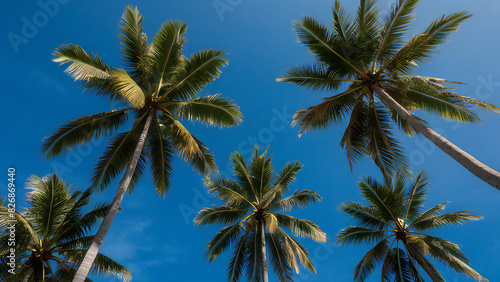 Vibrant Blue Sky with Tall Palm Trees  Lush Green Fronds Reaching Upwards