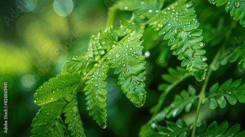 Raindrop covered fresh fern leaves photo