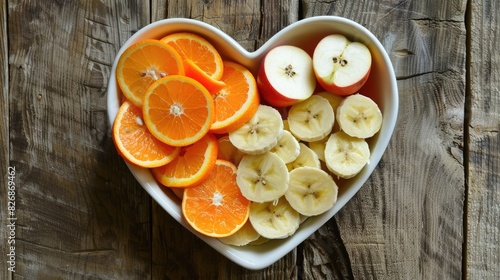 Heart-shaped dish filled with a mix of sliced apples, oranges, and bananas, promoting a balanced diet