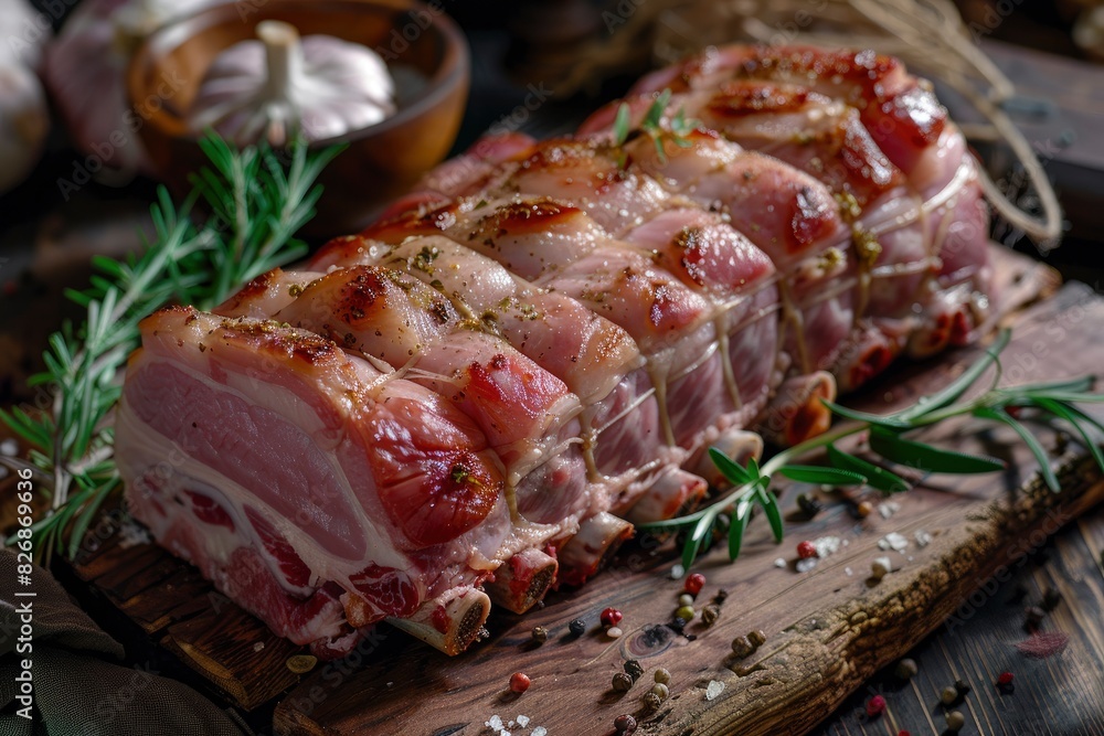 Fresh pork on the table with peper and source. Pork belly/Picnic/ Arm shoulder/ Arm picnic/Pork Loin - generative ai Fresh pork on the table with peper and source. Pork belly/Picnic/ Arm shoulder/ Arm picnic/Pork Loin - generative ai