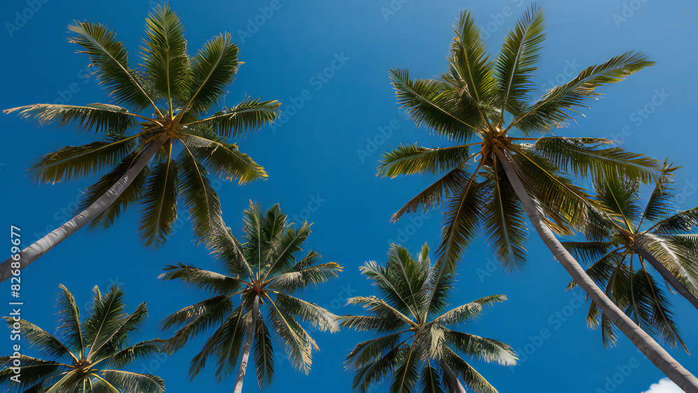 Vibrant Blue Sky with Tall Palm Trees: Lush Green Fronds Reaching Upwards Vibrant Blue Sky with Tall Palm Trees: Lush Green Fronds Reaching Upwards