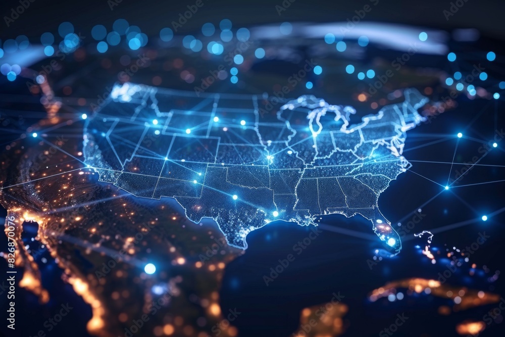 Digital map of america network connectivity created with generative ai Digital map of america network connectivity created with generative ai