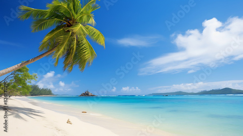 Idyllic tropical beach with white sand and clear turquoise water  shaded by a swaying palm tree under a bright blue sky  evoking a serene and picturesque paradise