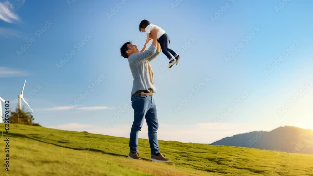 Father lifts child high in sunlit meadow. Green grass stretches to distant mountains under clear blue sky. Windmill visible in background. Father lifts child high in sunlit meadow. Green grass stretches to distant mountains under clear blue sky. Windmill visible in background.