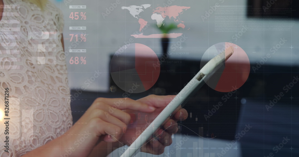 A young Caucasian adult, holding tablet, examining data charts A young Caucasian adult, holding tablet, examining data charts