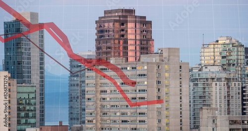 Red graph line overlaying cityscape, indicating downward trend