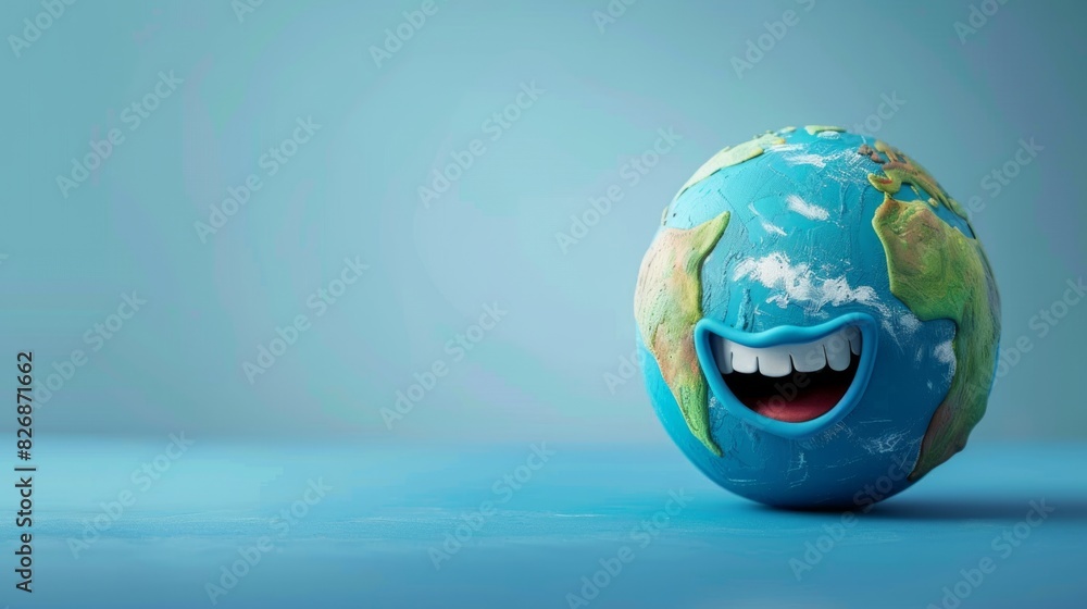 Fototapeta premium Earth character laughting on blue background, Happy Earth day, World laughter day.
