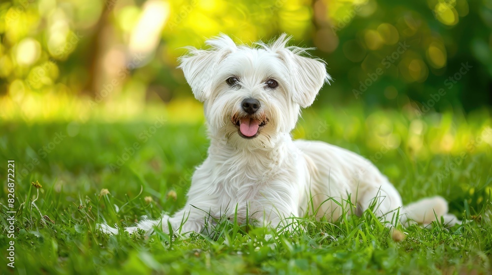 Young white dog happily seated on green grass gazing at the camera outdoors Young white dog happily seated on green grass gazing at the camera outdoors
