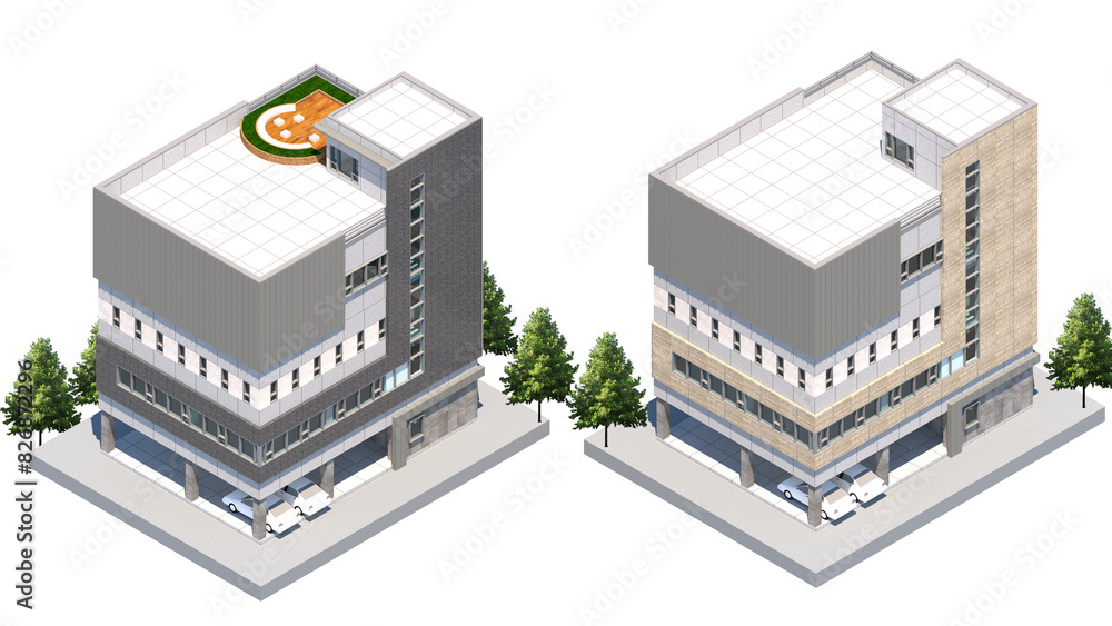 building in the city, 3d isometric rendering of a smart modern office building in the street building in the city, 3d isometric rendering of a smart modern office building in the street