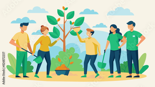 With shovels and saplings in hand a group of reforestation volunteers gathers around a small ceremony to give thanks for the opportunity to make a. Vector illustration