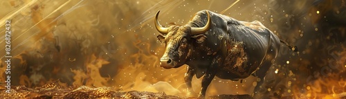 A powerful bull charges through a fiery golden landscape  its horns gleaming in the light. The bull s fur is matted and covered in dust  and its eyes are wide with rage.