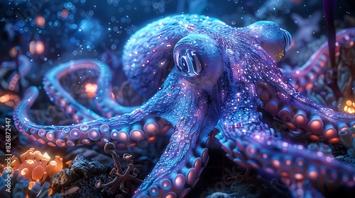 squidlike alien with bioluminescent tentacles on an oceanic planet with coral reefs and glowing marine life