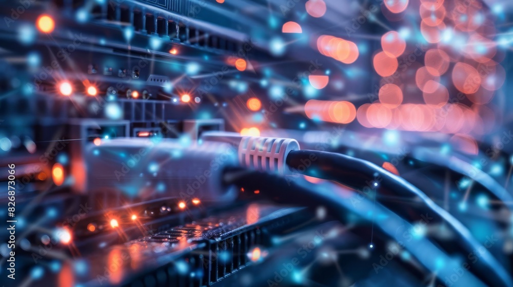A closeup view of fiber optic cables intertwined in a web of communication technology A closeup view of fiber optic cables intertwined in a web of communication technology